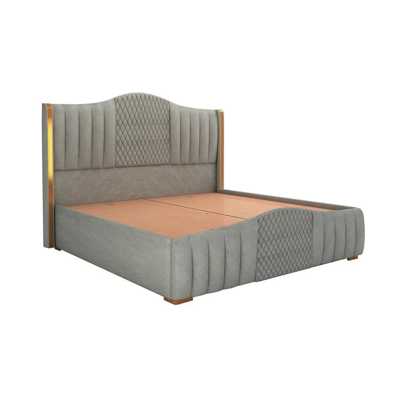 Image of STRATA FURNITURE Solid Wood King Size Bed with Box Storage & Upholstered Headboard | Wooden Double Bed Cot Palang for Bedroom, Home, Hotel & Guest Room Furniture (Grey)