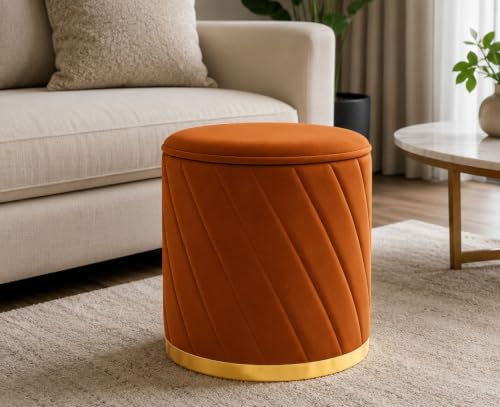 Image of Luxury Velvet Ottoman Stool for Living Room & Bedroom | Premium Round Pouffe with Gold Metal Base | Modern Footrest, Extra Seating & Home Decor (Brwon Single)