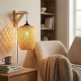 BARCELONA LED Aplique de pared japonés estilo natural con pantalla de mimbre y soporte de madera, lámpara colgante artesanal para dormitorio, oficina, comedor, cafetería, salón, moderno
