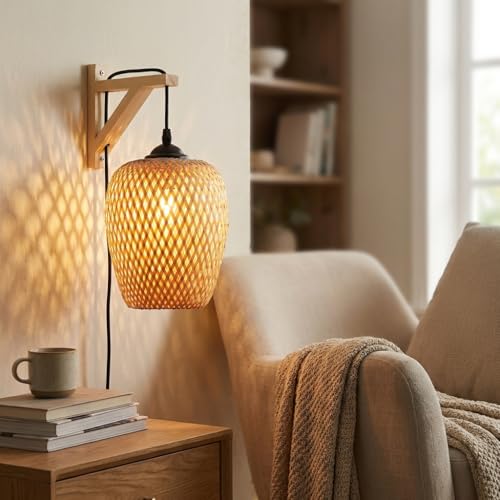 BARCELONA LED Aplique de pared japonés estilo natural con pantalla de mimbre y soporte de madera, lámpara colgante artesanal para dormitorio, oficina, comedor, cafetería, salón, moderno