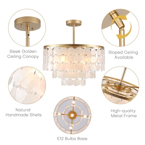 Coastal Capiz Shell Ceiling Light, 5-Light Semi Flush Mount Light Fixture for Low Ceiling, Brushed Gold Modern Chandelier for Bedroom Hallway Dining Room Kitchen Island Foyer Nursery Closet, Dimmable by PUZHI HOME - Used condition - Image 3