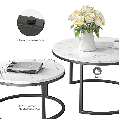 Qssllc Round Nesting Coffee Table, Set Of 2 Modern Coffee Table With Faux Marble Top, Black Metal Frame White Nesting Table For Living Room, Apartment, Office #TOP4