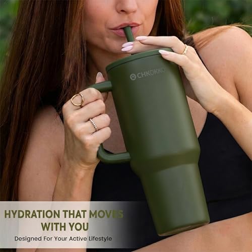 Image of CHKOKKO Stainless Steel Tumbler with Straw & Side Handle 1200ML Leak-Proof Travel Mug | Hot and Cold Double Insulated 1.2L Premium Water Bottle for Travel Gym & Office Use