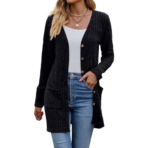 GaoCold Women's Fashion Cardigan Long Sleeve Button Knitted Cardigan Sweater Fall Long Casual Outfits with Pockets