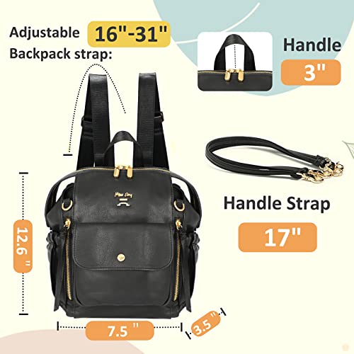 miss fong Mini Diaper Bag Small Diaper Bag Leather Diaper Bag Backpack with 12 Diaper Bags Organizer, Insulated Pocket, 2 Insulated Pockets (Black)