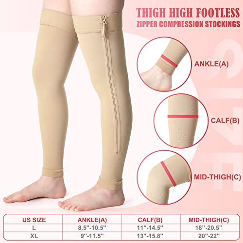 2 Pair Zipper Compression Socks Thigh High 20-30 Mmhg Footless Zipper Compression Stockings Thigh High For Women Men Swelling (Skin Color, L) #TOP5