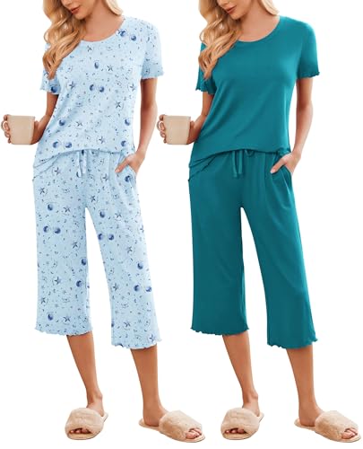 Image of Ekouaer 2 Pack: Women's Pajamas Set Short Sleeve Sleepwear Capri Pants Pjs Soft Loungewear with Pockets