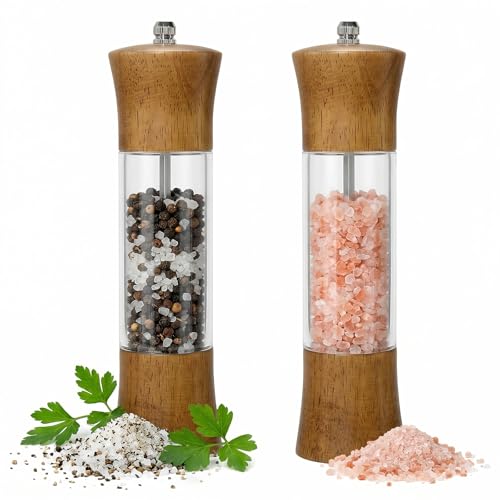 zxevg Wooden Salt and Pepper Grinder Set 8 Inch Refillable Pepper Grinder Manual Adjustable 2 Pack Acacia Wood Salt Mills Grinders with Clear Acrylic Body Kitchen Cooking Spice Shakers