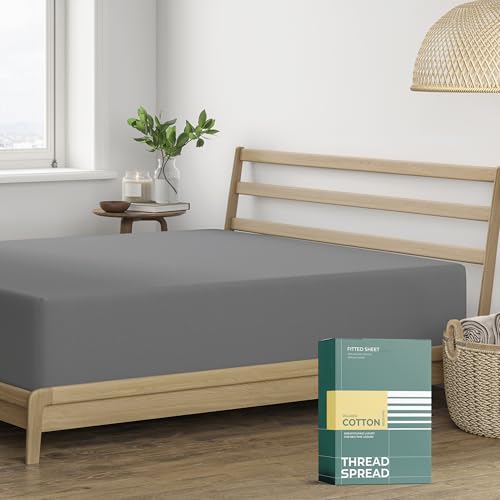 THREAD SPREAD 100% Organic Cotton Percale Weave Fitted Sheet Queen Size, Dark Grey, 1 Deep Pocket Queen Fitted Sheet, Fits Mattress Upto 16\" Crisp and Cool Bed Linen, Luxury GOTS Certified Sheets