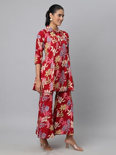 Image of AVANOVA Soft Maslin Silk V Neck Co-Ords Set for Women's | Printed Shirt & Bottom Set for Women | Suit Set | Two Piece Dress (CO-ODS 84 Maroon L)