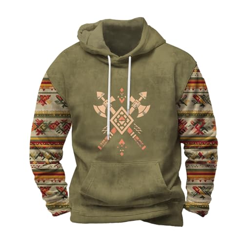 Mens Western Tribal Aztec Hoodie Country Native American Print Hooded Tops Fall Retro Long Sleeve Pullover Pocket