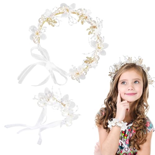 JYNXOR Bracciale + Fascia per capelli da comunione con fiore bianco Coroncina da principessa in cristallo Accessori per capelli con perle di strass Ragazze e bambina