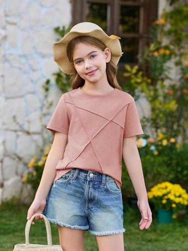 Haloumoning Girls Short Sleeve T Shirts Kids Summer Fashion Pleated Crewneck Tops Tees 5-14 Years2