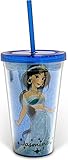Silver Buffalo DP09087G Disney Princess Jasmine Glitter Plastic Cold Cup with Lid and Straw, 16-Ounces