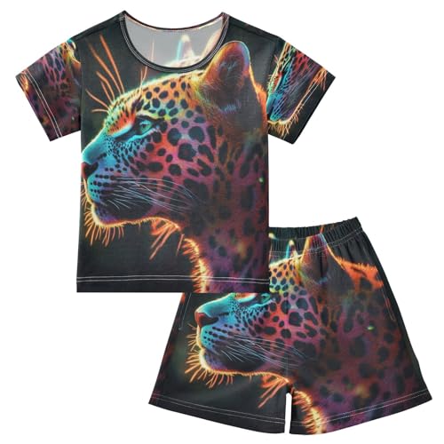 ALAZA Rainbow Color Leopard Pajamas Set Short Sleeve Cotton Sleepwear Summer Pjs 2 Piece 5-14Y