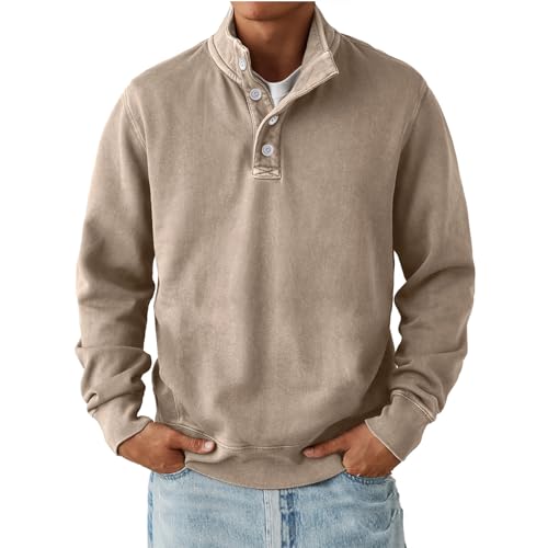 Men's Washed Long Sleeve Sweatshirt Distressed Long Sleeve Quarter-Button Lapel Pullover Comfort Fit Top
