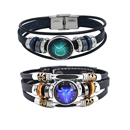Zodiac Taurus Constellation Bracelet Handmade Woven Multilayer Zodiac Sign Leather Wrap Bracelet Wristband for Women Men Jewelry Gift 2Pcs Set