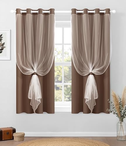 Image of 100% Blackout Curtains with Sheer Overlay, Brown, 52 x 63 inch, 2 Panels | For Bedroom Living Room Window, Room Darkening, Thermal Insulated, Grommet Top, Summer Heat Blocking, Double Layer Design