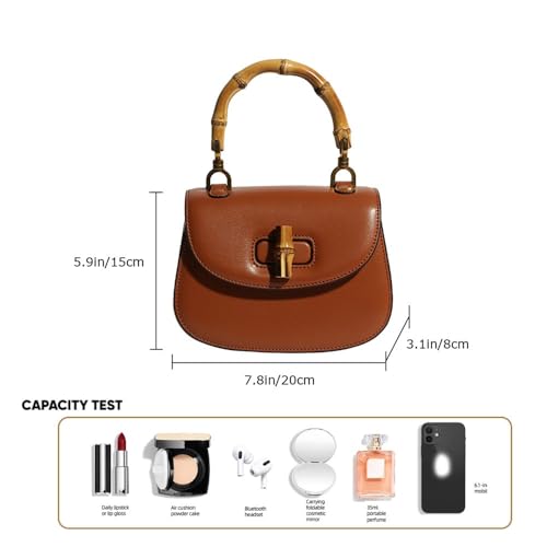 Women Genuine Leather Tote Handbags，Bamboo Top Handle Satchel Crossbody Bag with Adjustable Shoulder Strap3