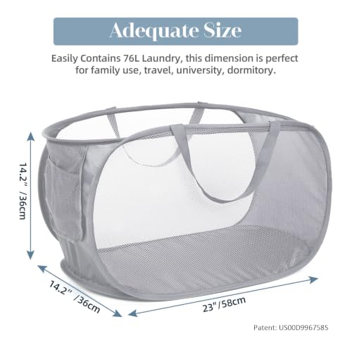 Image of Durable Collapsible Laundry Baskets, Mesh Pop Up Laundry Hamper with Side Pocket, Foldable Clothes Storage Hamper with Reinforced Carry Handles for Laundry, Bathroom, Kids Room, Dorm or Travel Grey