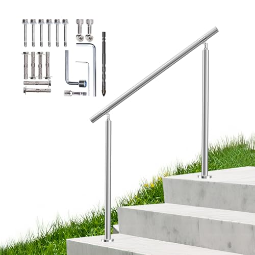 Cxforste Hand Rails for Outdoor Steps, 2-3 Step Handrail Stair Railing Kit, 304 Stainless Steel Outdoor Handrails for Exterior Steps, Silver Stair Handrail, Concrete & Deck & Porch Railing
