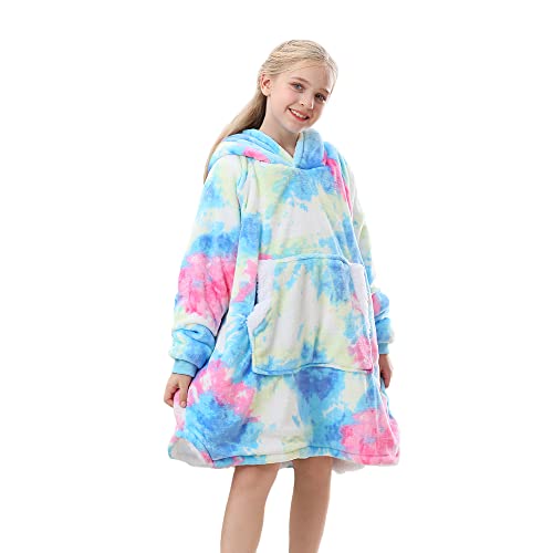 Topblan Blanket Hoodie for Kids Girls Boys Teens Oversized Flannel & Sherpa Blanket with Hood Pocket and Sleeves Blue Purple