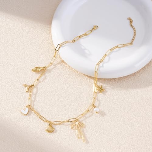 Charm Necklace for Women 14K Gold Plated Shell Cowgirl Boot Horseshoe Bow Heart Pendant Necklace Beach Western Jewelry2