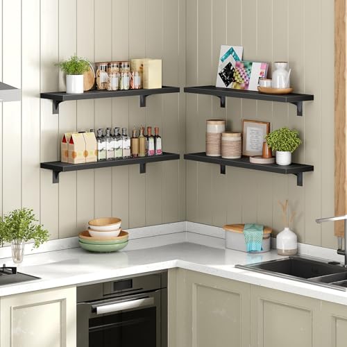 Image of HOOBRO Floating Shelves for Wall, 23.6 inch Wall Mounted Shelves Set of 2, Hanging Storage Shelf with Metal Brackets, Wooden Shelf for Living Room, Bedroom, Bathroom, Black BK62BJP201G1