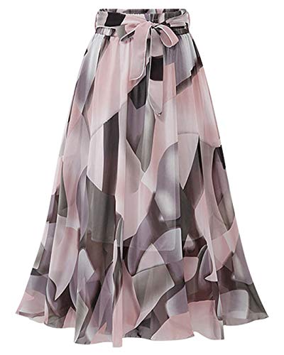 ebossy Women's Floral Print Elastic Waist Lightweight Flowy Chiffon Midi Flared Skirt