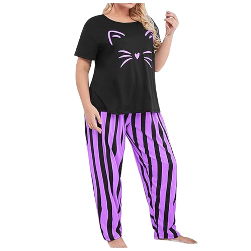 Pijamas para mujer, talla grande, camiseta de manga corta y pantalones a rayas, ropa de descanso cómoda para el hogar, ropa de dormir de dos piezas, 03# Morado, XL