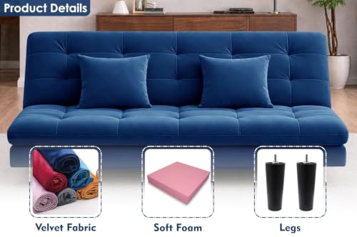 Image of Rosebell Modern Wooden 3-Seater Sofa Cum Bed Foldable Velevt Fabric Sofa for Living Room, Guest Room & Office-Blue-Color