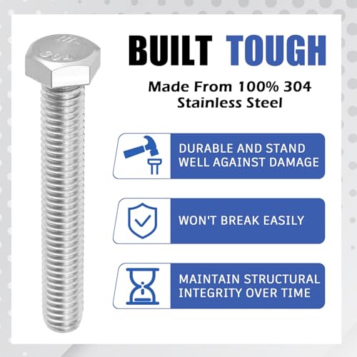 Image of Zonon 50 Pcs 3 /8-16 x 2-1 /2 inch Hex Head Screw Bolt 18-8 (304) Stainless Steel Hexagon Bolts, Fully Threaded, Plain Finish, External Hex Drive (Silver)