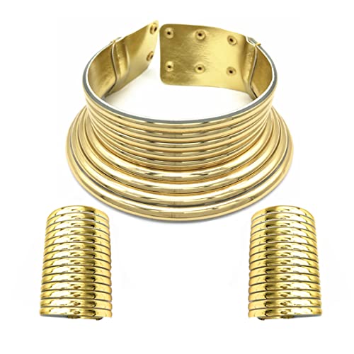 COLORFUL BLING African Statement Choker Snap Necklaces Bangle Jewelry Set Egypt Long Neck Collar Chunky Wide Leather Bracelet Stud Earring for Women