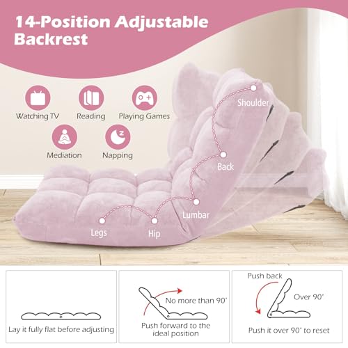 Image of COSTWAY Floor Chair, Video Gaming Chairs with Back Support, Adjustable 14-Position, Alloy Steel Frame, Soft Coral Fleece, Lazy Sofa Lounge for Reading Living Room Recliner for Adults Kids (Light Pink)