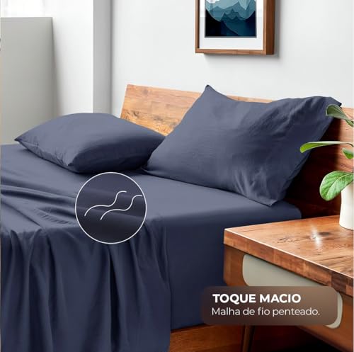 Decolab Jogo de Cama 100% Algodão Premium (Azul-marinho, Queen Duplo (4 peças))