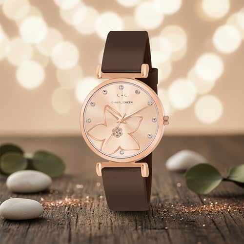 Image of CHARLIEKEEN Women's Watch, Analog Dial with Rose Gold Flower Design, Crystal Accents, Soft Silicone Strap