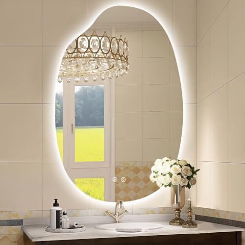 TheiaMo 38"x26" Asymmetrical Led Mirror for Bathroom, Irregular Backlit Vanity Mirror with Lights, Frameless Smart Mirror, 3 Colors Stepless Dimmable, Anti-Fog, Memory, CRI95+, Horizontal/Vertical