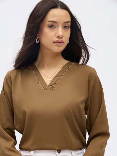 Image of SheWill Printed Top with Contrast Tipping - Stylish Ethnic & Western Tops for Women - Summer Travel Wear, Trendy Tops for Jeans, Lightweight & Comfortable Casual Wear