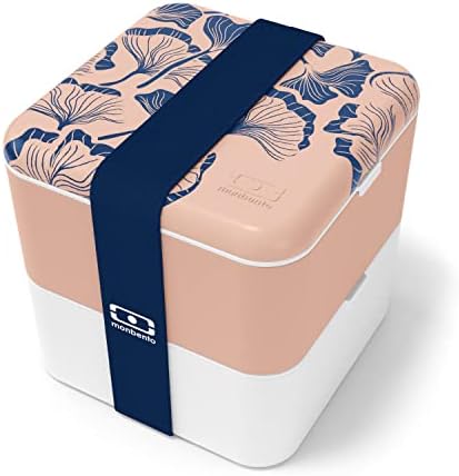 monbento - Large Bento Box MB Square Ginkgo with Compartments - Leakproof Lunch Box for Work/School and Meal Prep - BPA Free - Food Grade Safe - Japanese Pattern - Pink & Blue