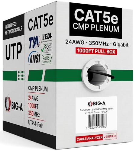 Big-A - Plenum Ethernet Cable 1000ft Bulk Cat5e Cable (CMP) Gigabit Solid Network Wire 350MHz Cat5e Ethernet Cord Unshielded Twisted Pair (UTP) - Black