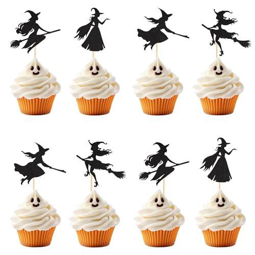 Arthsdite 24pcs Halloween Witch Cupcake Toppers, Black, Plastic, Cake Decoration, Cupcake Toppers, Halloween Theme