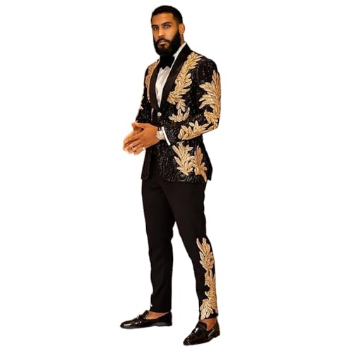 Men's Suit 2 Pieces Blazer and Pants Black with Gold Applique Fit for Wedding Prom
