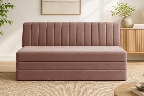Image of Three-Seater Foldable Sofa Bed with, Modern Velvet Fabric Folding Couch for Living Room, Guest Room & Small Spaces-Brown