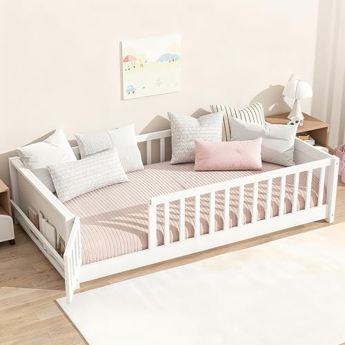 Image of Bellemave Twin Size Kids Montessori Floor Bed with Door,Twin Floor Bed Frame with Slats and Bookcase,Solid Wood Montessori Bed for Girls Boys,White