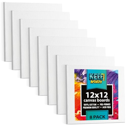 Image of KEFF Canvas Boards for Painting - 12x12 8-Pack Bulk Canvas Panels, 100% Cotton Triple Primed Large Canvases for Art Painting Supplies, Acrylic, Oil, Watercolor & Tempera