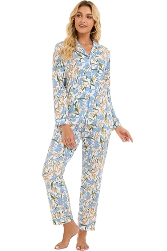 Image of LUBOT 100% Cotton Pajamas for Women Pajama Set 2 Piece PJ Sleepwear Set Soft Ladies Button Knit Long Sleeve Loungewear XS-XXL