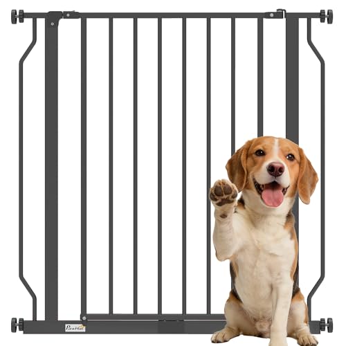 PawHut Dog Gate Wide Stair Gate w/Door Pressure Fit 75-85W cm Black