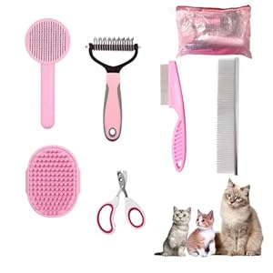 Cat Brush Grooming Kit 6pcs – Cat Brushes for indoor Cats Shedding, Dog Brushes Kit for Small Dogs,Cat Brushes for Shedding for Long Haired Cats, Pet Self Cleaning Kit with Flea Comb Set Pink