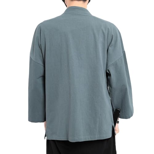 Image of Men's Japanese Kimono Cardigan Loose Cotton Linen 3 /4 Sleeve Open Front Casual Summer Shirt Jackets