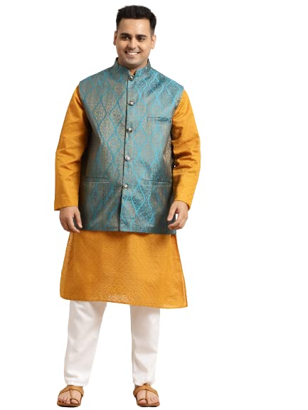 Image of SOJANYA (Since 1958) Men's Silk Blend Dark Green Kurta & Silk Blend Nehrujacket With Off White Churidar Pyjama Set
